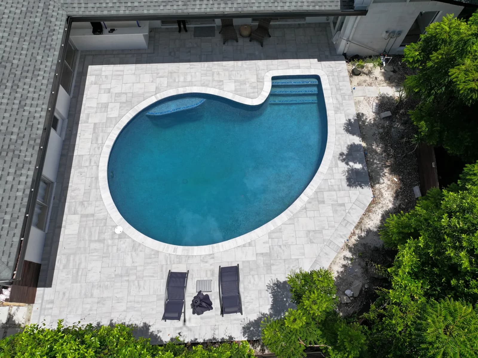 Aerial view of a freeform pool with a tanning ledge and a gray porcelain patio