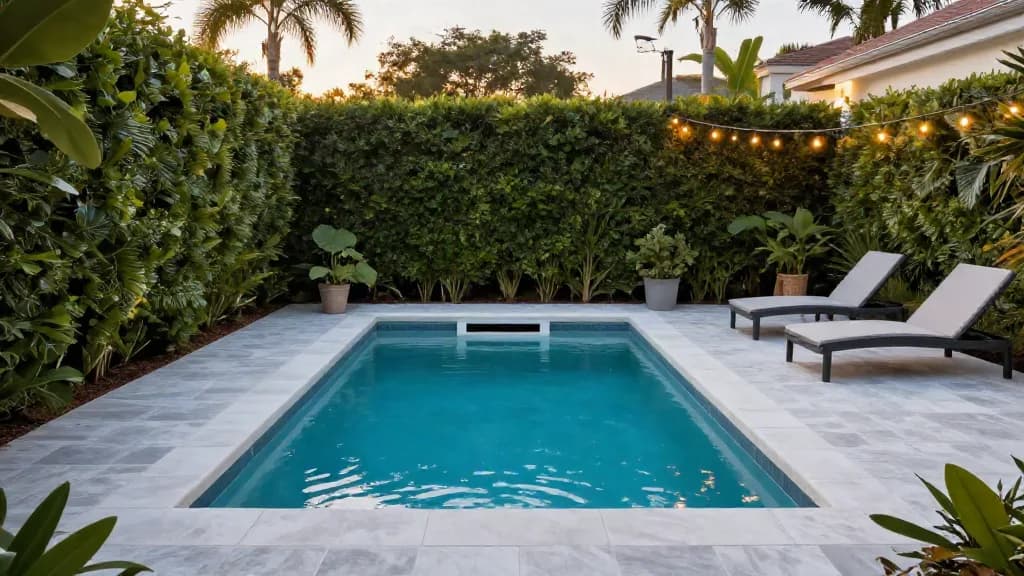 Small modern plunge pool in a compact backyard with a hedge, loungers and string lights