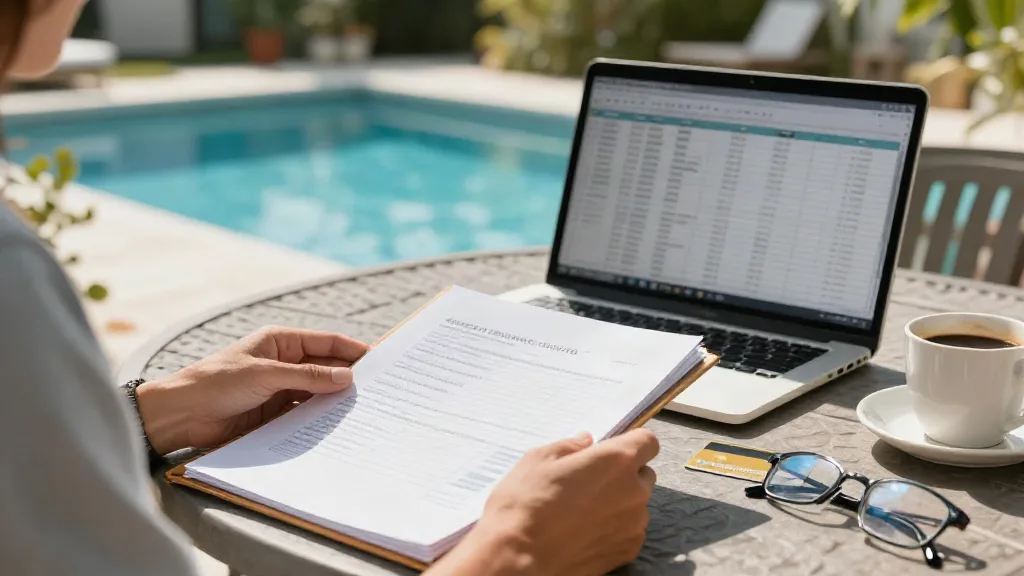 Homeowner organizing documents next to a laptop, coffee and glasses by a backyard pool