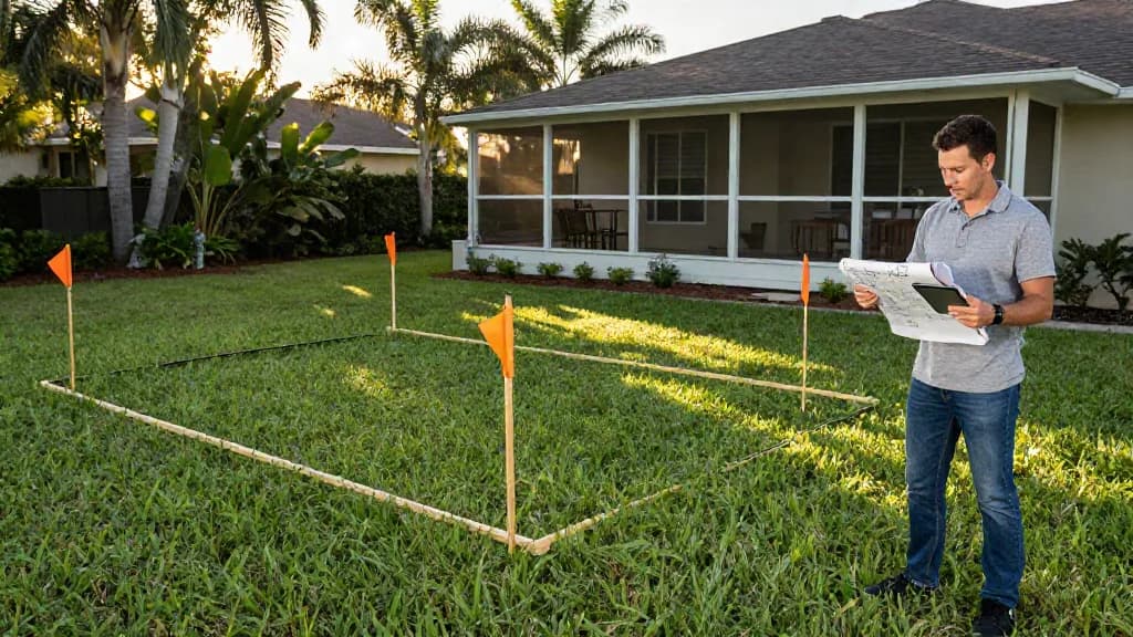 Homeowner holding a survey drawing in a backyard staked out with flags for a new pool