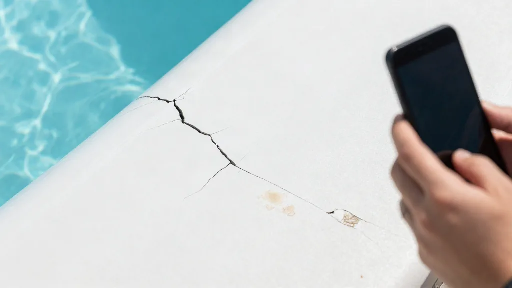 Homeowner photographing a crack and a stain on the edge of a pool with a phone