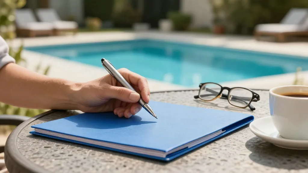 Hand holding a pen over a blue folder on a patio table beside a backyard pool
