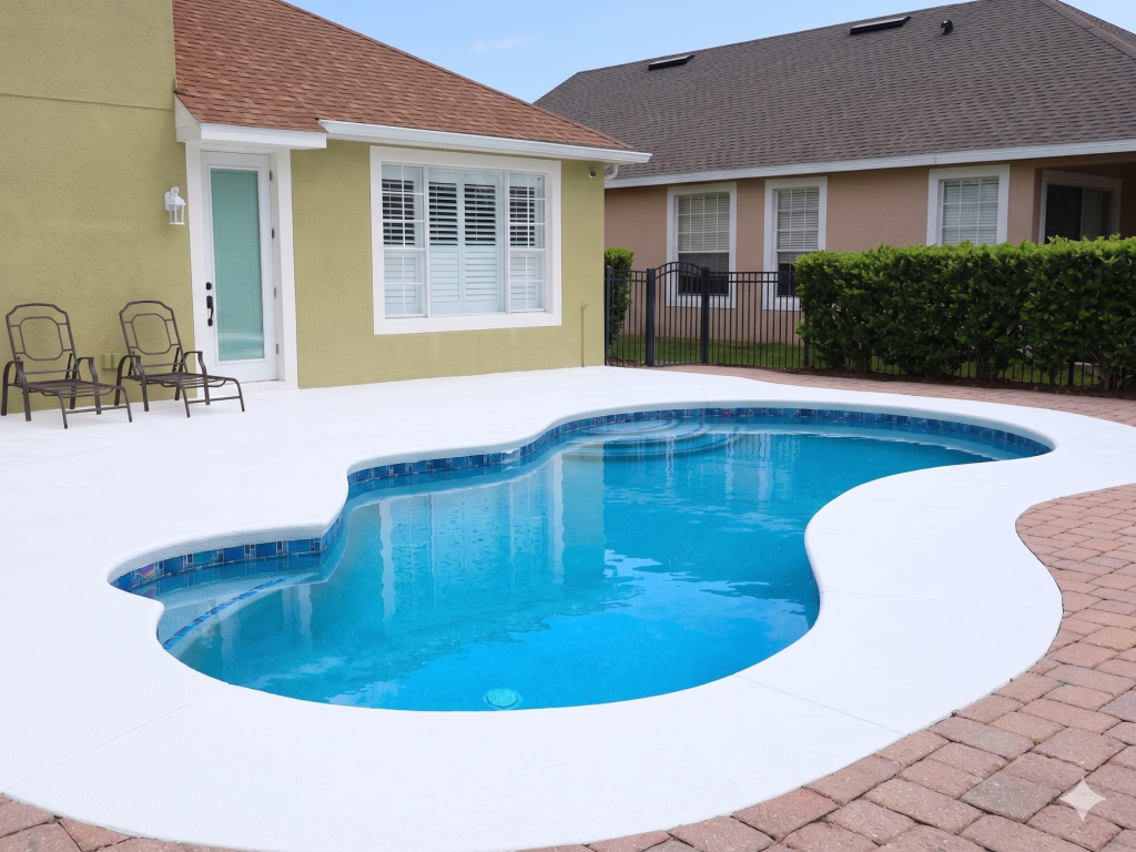 BLOG4 3 pool renovation 2026 Central Florida — dark finish travertine deck fire feature